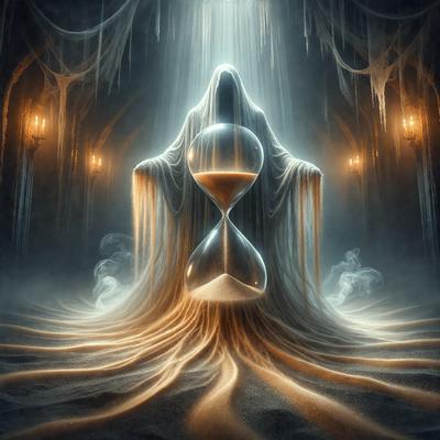 The primary subject of the image is a large, ornate clock with a glowing face, sitting on a sandy surface. The clock is surrounded by a hazy, ethereal atmosphere, giving it a mysterious and otherworldly appearance. The setting appears to be a dark, possibly underground environment, with a backdrop of a hazy sky. The visual style of the image is a combination of digital art and illustration, creating a unique and captivating scene.